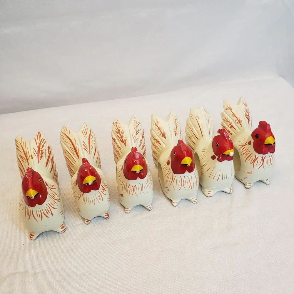VTG Set 6 Chicken Napkin‎ Rings Farmhouse Cottage Wood Folk Art Hand Painted